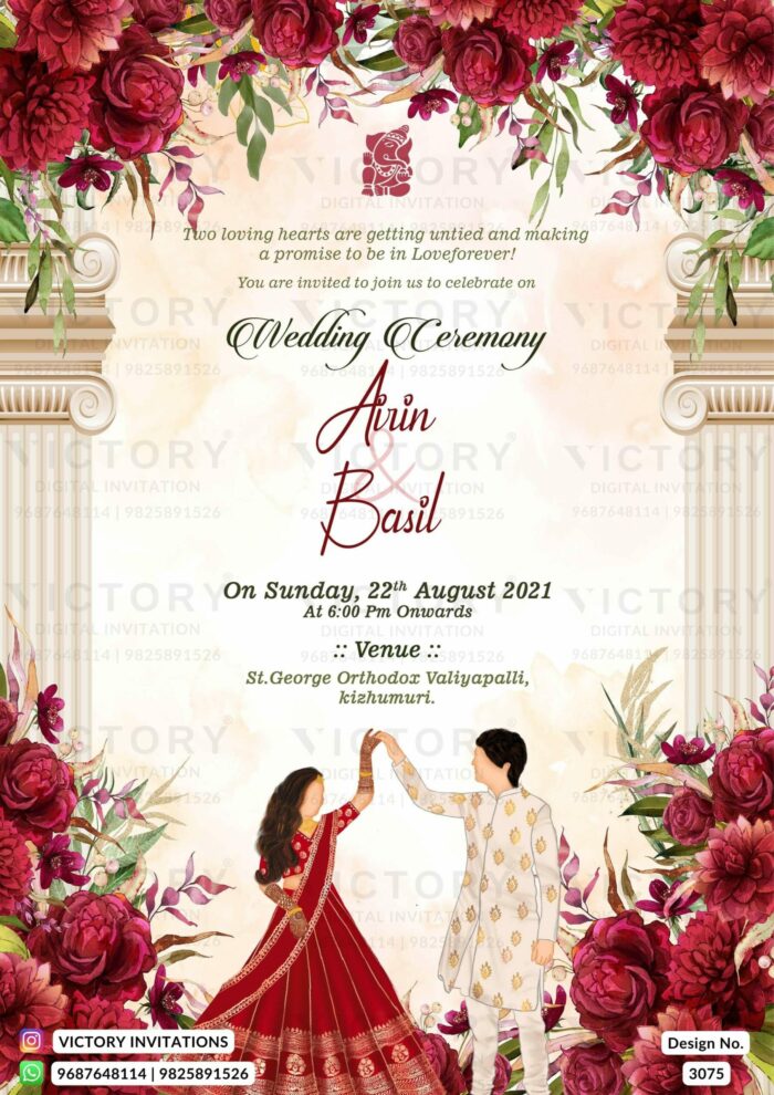 Wedding ceremony invitation card of hindu south indian malayali family in english language with floral theme design 3075