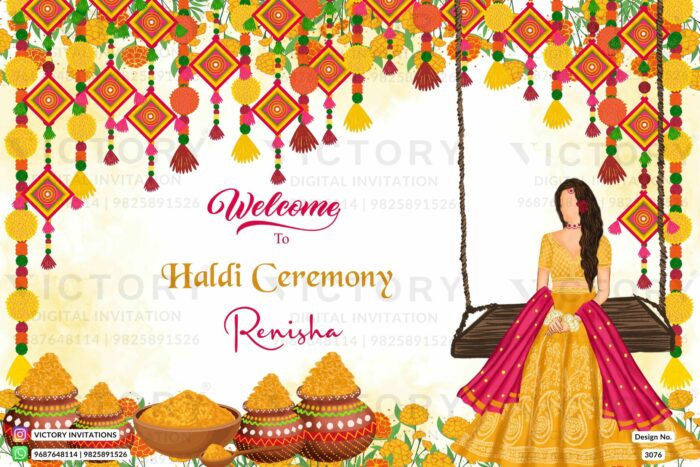 "A Captivating Standee Board with a Swing Amidst a Marigold-Adorned Milk White and Yellow Textured Backdrop, Featuring a Haldi-filled Matki and Flower Garlands" Design no. 3076
