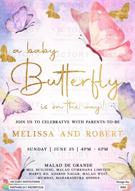 "A Captivating Baby Shower E-Invite with Delicate Hues, and Enchanting Butterflies"