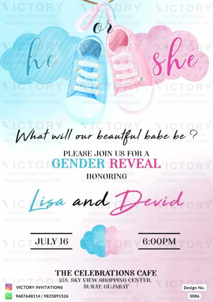 Gradient Blue and Pink Whimsical Theme Electronic Gender Reveal Invitation with Double-toned Laced Shoes Illustration, Design no. 3086
