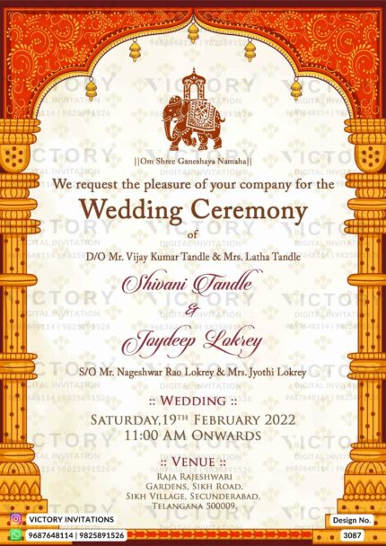 Wedding ceremony invitation card of hindu south indian telugu family in english language with traditional theme design 3087