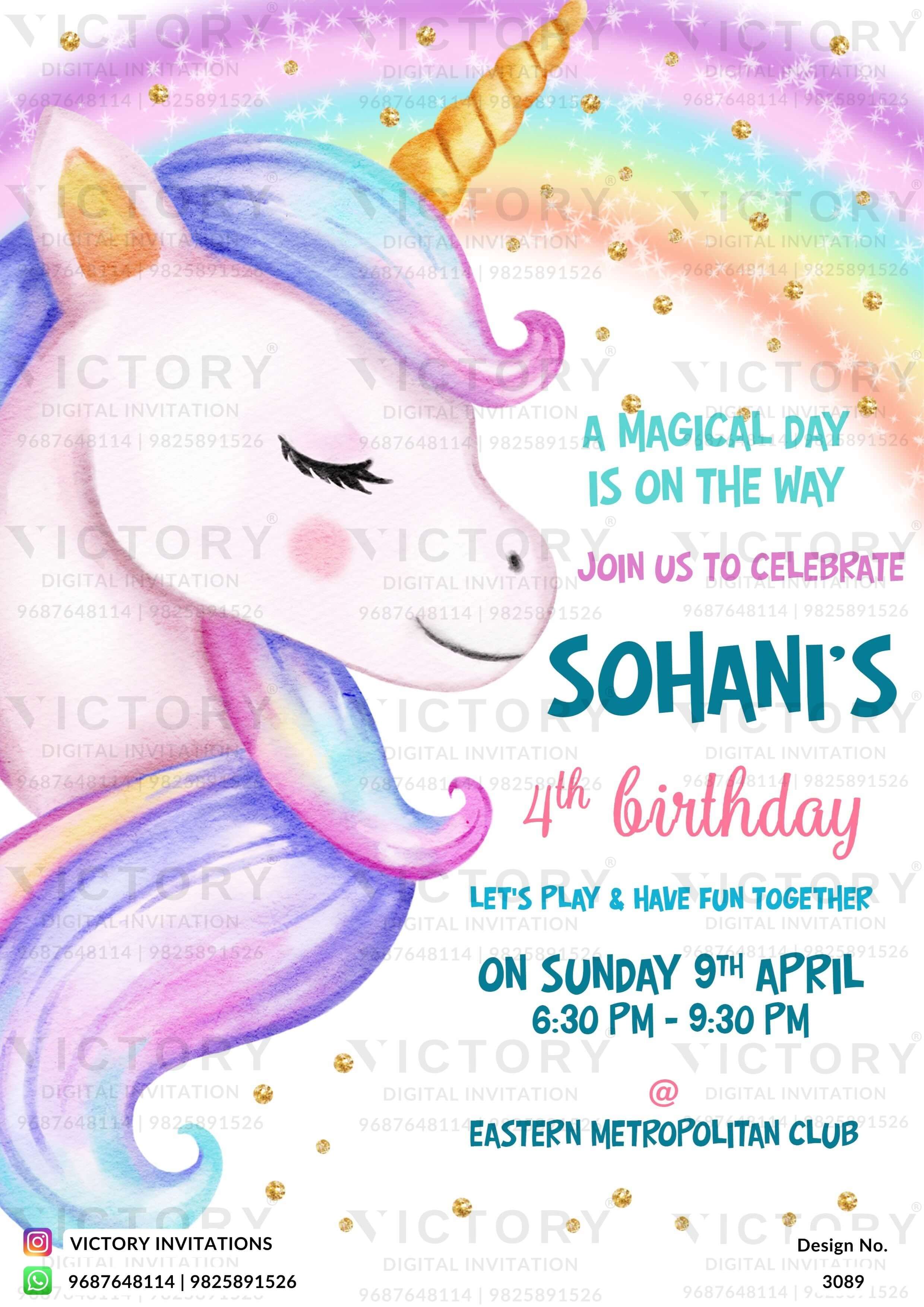 A Captivating E - Birthday Invite with Pristine White Tones, Glittering Sparkles, a beautiful Unicorn, and the Mesmerizing Rainbow, Design no.3089