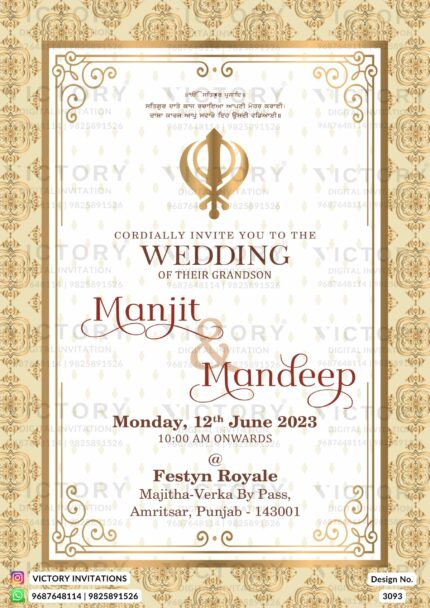 The Majestic Wedding ceremony in Peach Yellow Backdrop, Resplendent Sikh Khanda logo, Intricate Damask Patterns, and Gilded Frame, Design no. 3093