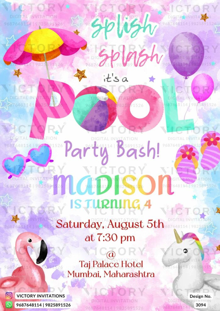 A Mesmerizing Pool Party Invitation Unveiling a Vibrant Purple, Blue, and pink splashes Backdrop, Majestic Unicorns, and Delightful Ducks alongside Pool Party Elements, Design no.3094