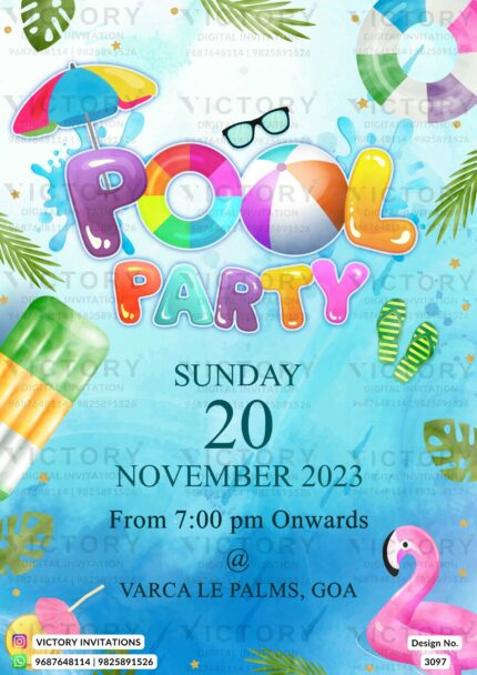 A Mesmerizing Pool Party Invitation Unveiling a Vibrant water Blue splashes Backdrop, a Delightful Duck, and alongside Pool Party Elements, Design no.3097