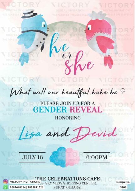 "Enchanting Gender Reveal Party Invitation: Unveiling Blue and Pink Amidst Graceful Birds in the Captivating Backdrop" Design no. 3101