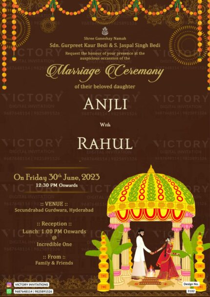 Wedding ceremony invitation card of hindu south indian telugu family in english language with traditional theme design 3102