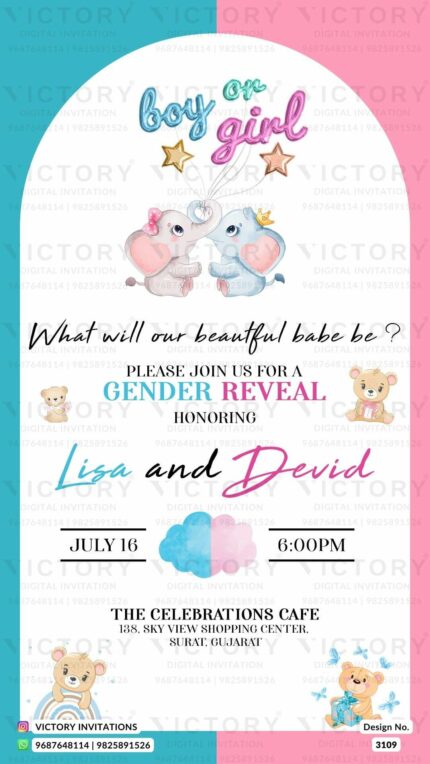 A Captivating Gender Reveal Celebration Awash in Baby Pink, Blue, and White, featuring Enchanting Elephants and Playful Teddy Bears, Design no.3109