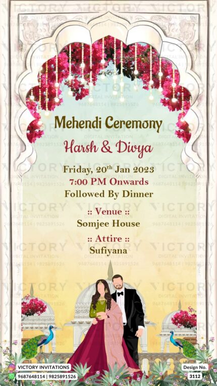 A magnificent Mehendi Invite with Pale Peach and Blue Lily Backdrops, the Couple Doodle, a Majestic Gate, Celestial Dome Illustrations, and Flourishes of Botanical florals and Lush foliage, Design.3112