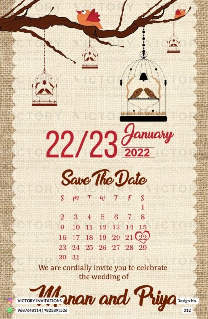 Calendar theme Exquisite Save the Date Card with Rustic Brown Rope Weave Texture, Bird Silhouettes, and Birdcage Illustration by Victory Invitation" Design no. 312