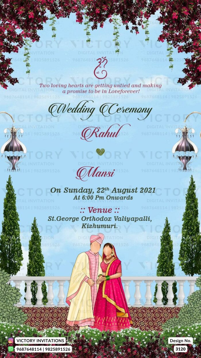 Wedding ceremony invitation card of hindu south indian malayali family in english language with traditional theme design 3120