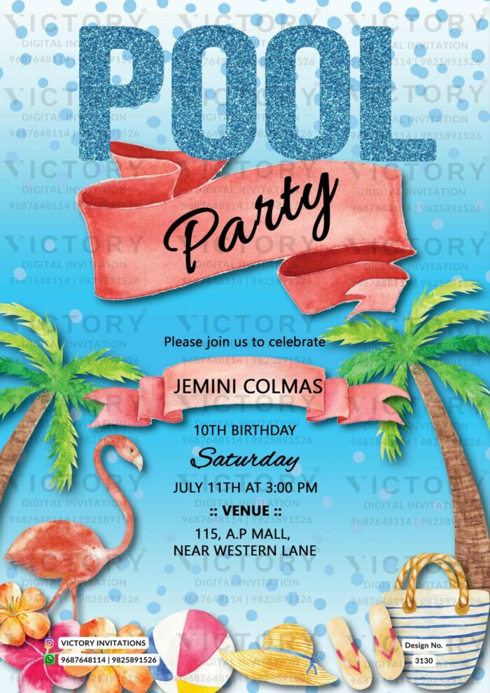 A Mesmerizing Pool Party E-Invite with Enchanting Blue Backdrop, Sparkling Wonders, Poolside Illustrations, and Tropical Coconut Tree Embellishments, Design no.3130