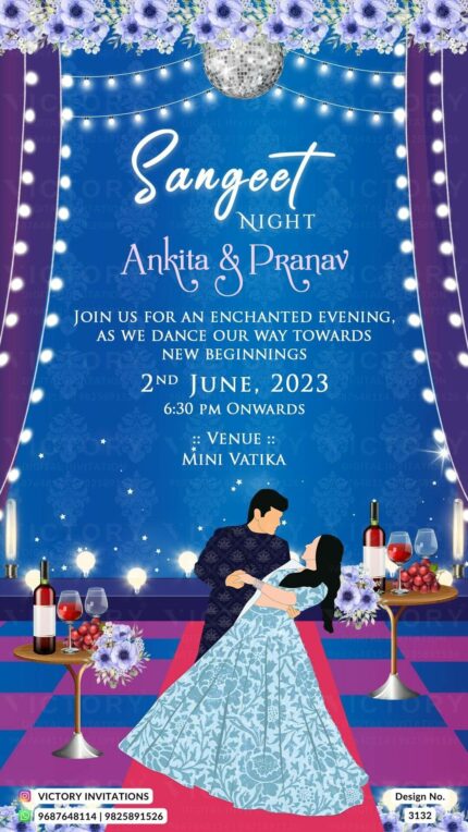 A Captivating Sangeet Night Invitation with a Mesmerizing Navy Blue Backdrop, Exquisite Couple Doodle, Lavish Curtain Designs, and Lavender Flower Delights, Design no.3132