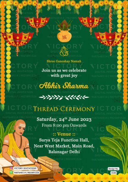 A Majestic Thread Invitation with Vibrant Green Backdrop, Divine Ganesha's logo, a Festive Doodle, and Exquisite Banana Leaves with Marigold Delights, Design no.3140