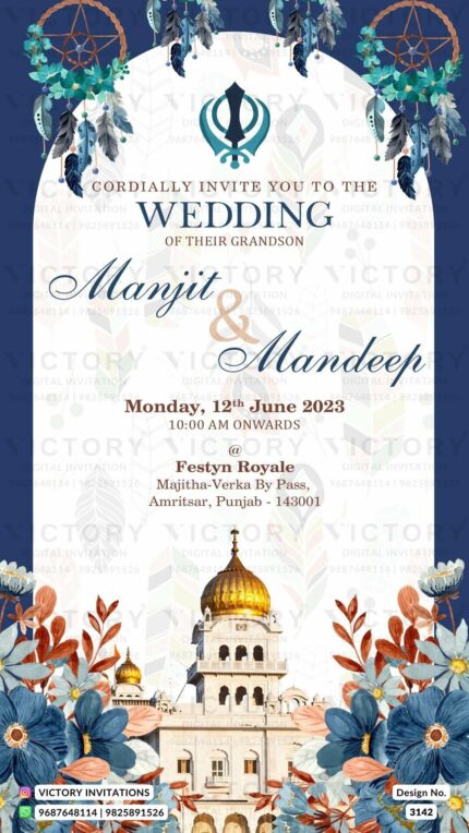 A Mesmerizing Nile Blue Hues, Khanda Splendor, Gurudwara Charisma, and Lavender Floral Delights in our E-Wedding Invitation, Design no.3142