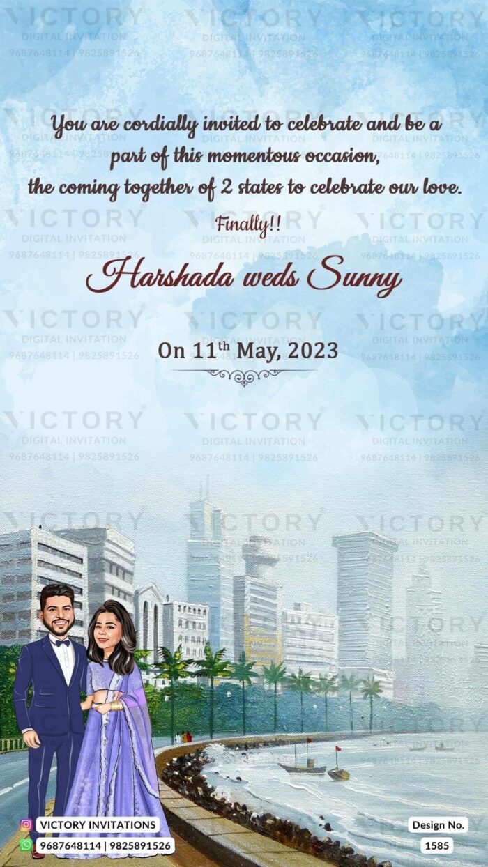 A Breathtaking Wedding Invitation Amidst a Captivating Tapestry of Sky Blue Splashes, Enchanting Caricatures, the Mesmerizing Marine Drive, and Towering Skyscrapers, Design no. 1585