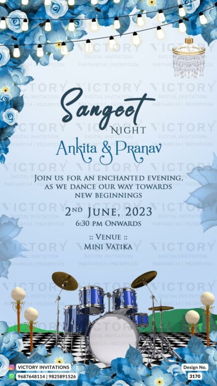 A Mesmerizing Sangeet Invite with a Tapestry of Light Blue Backdrops, Festive Illustrations, and Ethereal Bluish Floral Designs, Design no.3170