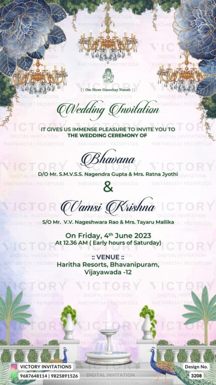 Wedding ceremony invitation card of hindu south indian telugu family in english language with traditional theme design 3208