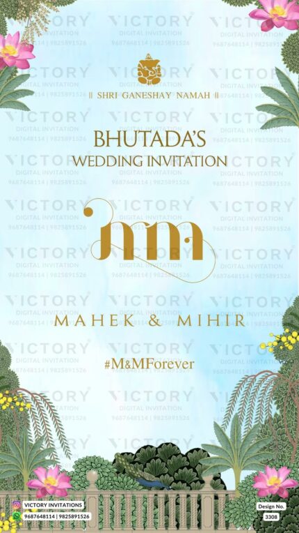 Wedding ceremony invitation card of hindu rajasthani royal family in English language with garden and arch theme design 3308
