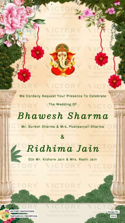 Wedding ceremony invitation card of hindu punjabi sikh family in English language with Artistic flowers theme design 3313