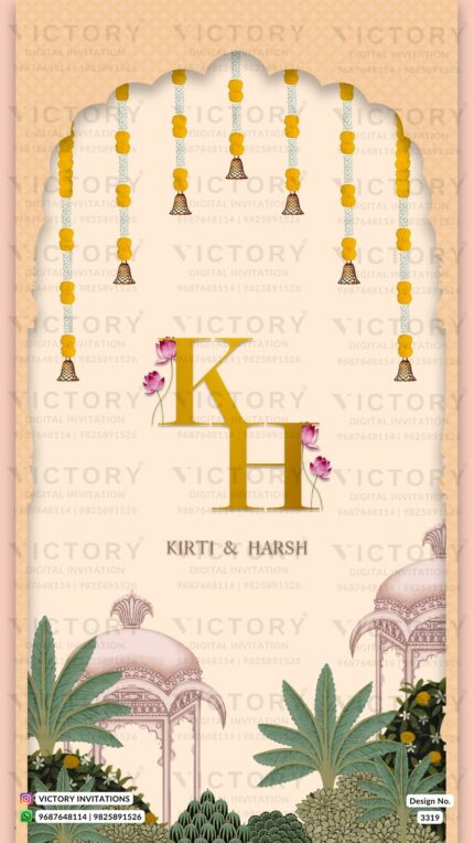 Wedding ceremony invitation card of hindu gujarati family in English language with Arch theme design 3319