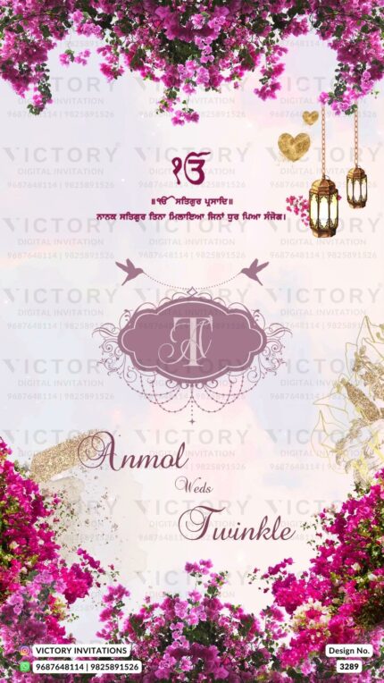 Wedding ceremony invitation card of hindu punjabi sikh family in English language with Floral theme design 3289
