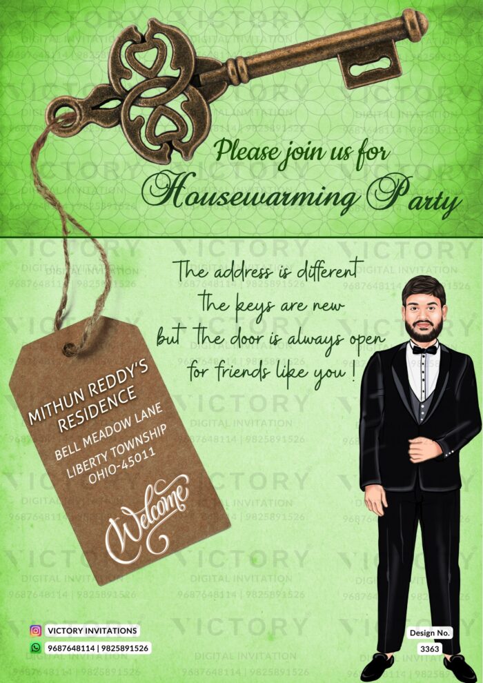 Housewarming Ceremony Caricature Digital Invitation Card PDF Design no.3363