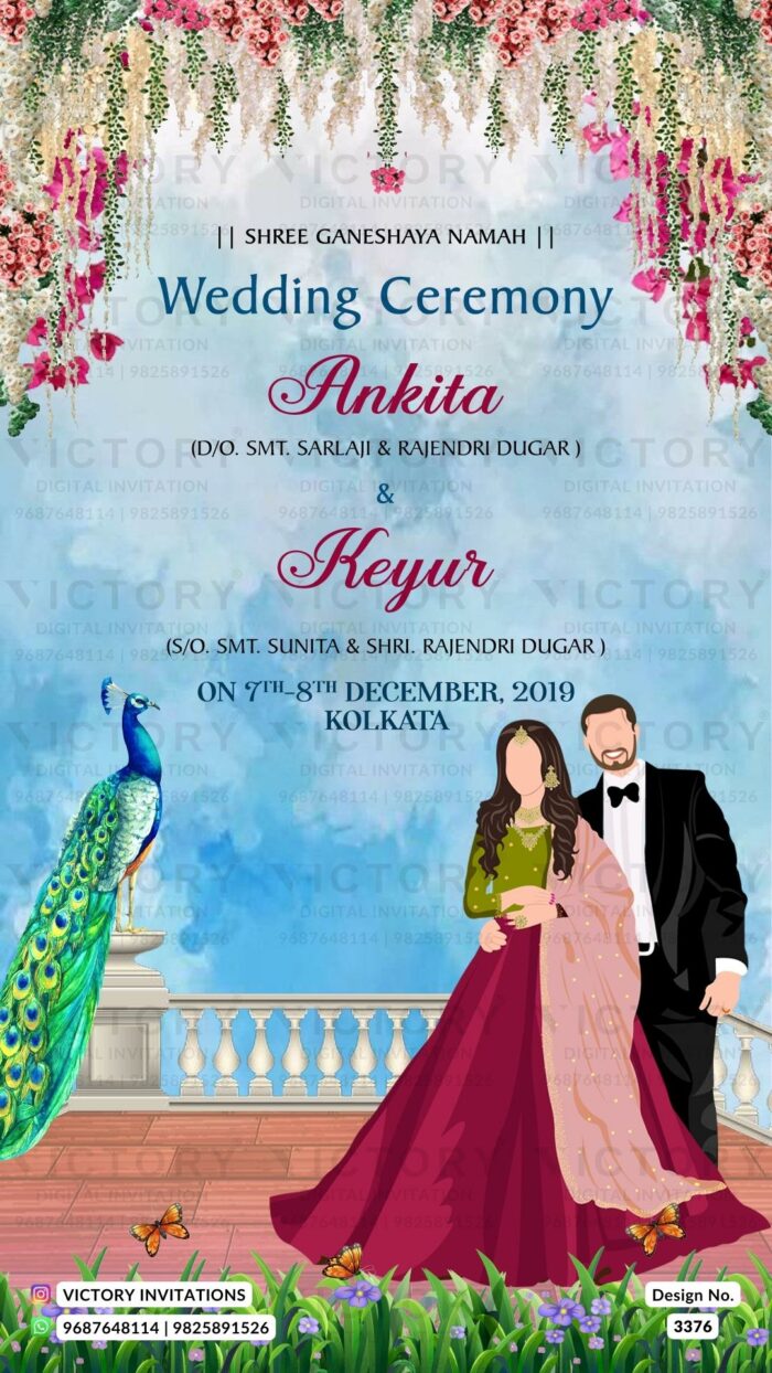 Wedding ceremony invitation card of hindu west bengal bengali family in english language with traditional theme design 3376