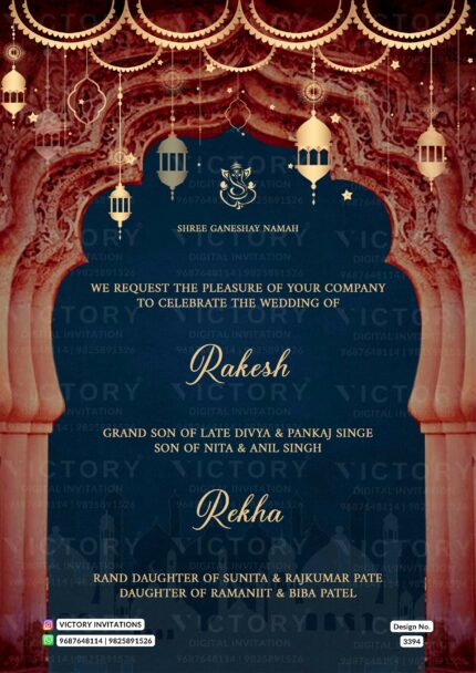 Wedding ceremony invitation card of hindu modern family in english language with traditional theme design 3394