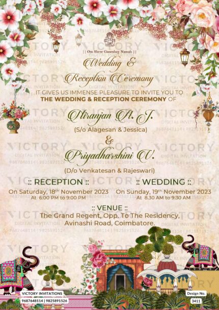 Wedding ceremony invitation card of hindu south indian tamil family in english language with traditional theme design 3411