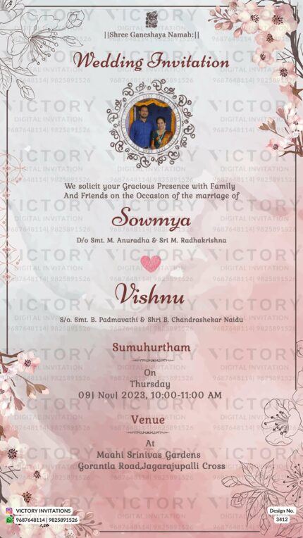 Wedding ceremony invitation card of hindu south indian telugu family in english language with artistic floral theme design 3412
