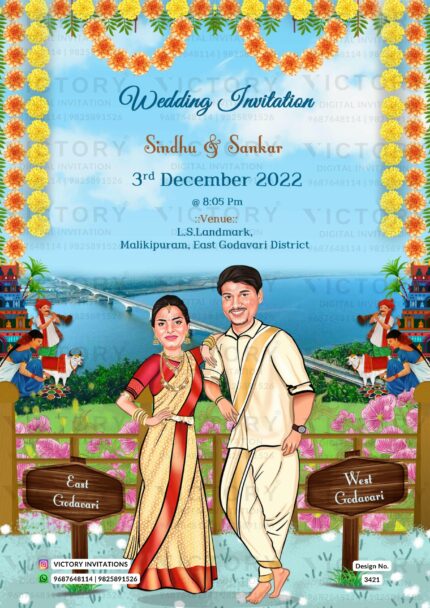 Stylish couple caricature invitation card for wedding ceremony of hindu south indian telugu family in english language with River view and garden design 3421