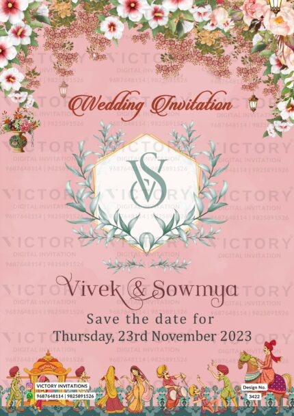 Adorable couple caricature invitation card for wedding ceremony of hindu south indian telugu family in English language with Floral and Arch design 3422