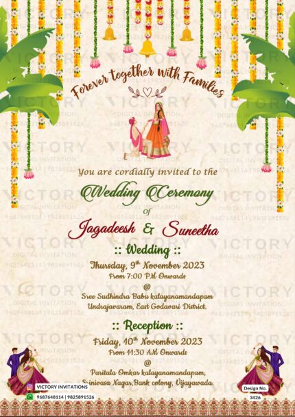 Wedding ceremony invitation card of hindu south indian telugu family in english language with traditional theme design 3426