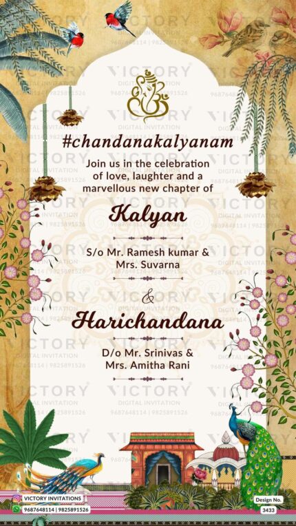 Stylish couple caricature invitation card for wedding ceremony of hindu south indian telugu family in english language with Traditional theme design 3433