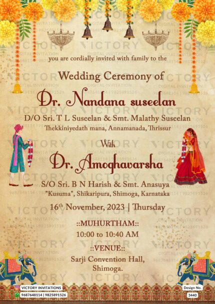 Wedding ceremony invitation card of hindu south indian kannada family in English language with Floral theme design 3440