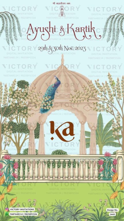 Wedding ceremony invitation card of hindu gujarati jain family in English language with garden theme design 3445