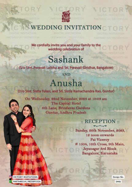 Romantic couple caricature invitation card for wedding ceremony of hindu south indian kannada family in english language with mountain view design 3446