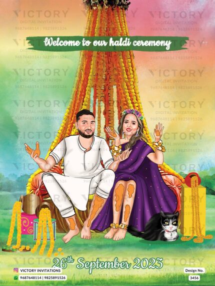 Stylish couple caricature invitation card for wedding ceremony of hindu saudi arabia family in english language with Traditional and saudi arabian theme design 3456