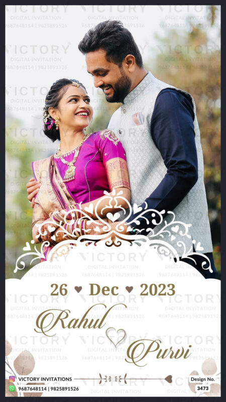 Wedding ceremony invitation card of hindu gujarati kathiyawadi family in English language with Arch and leaves theme design 3473