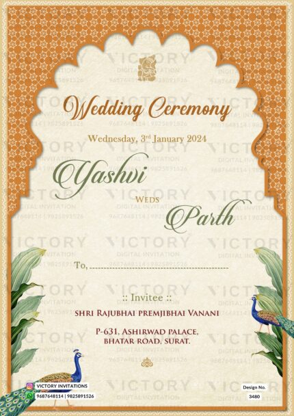 Wedding ceremony invitation card of hindu gujarati kathiyawadi family in English language with Traditional Arch theme design 3480