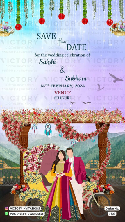 Wedding ceremony invitation card of hindu west bengal bengali family in english language with mountain theme design 3520