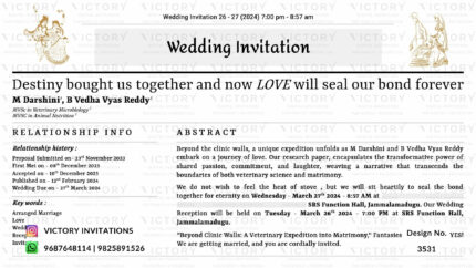 Wedding ceremony invitation card of hindu south indian telugu family in english language with research paper theme design 3531