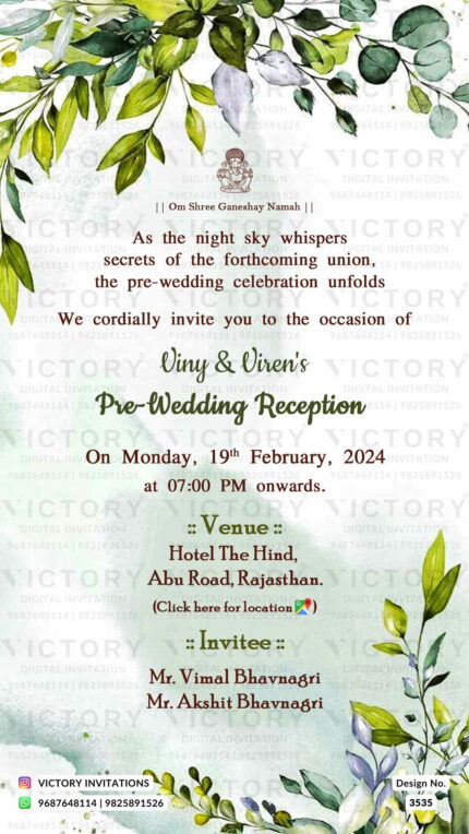 Wedding ceremony invitation card of hindu rajasthani royal family in english language with artistic leaves theme design 3535