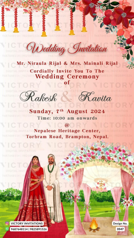 Wedding ceremony invitation card of hindu Nepali family in english language with traditional flower theme design 3547