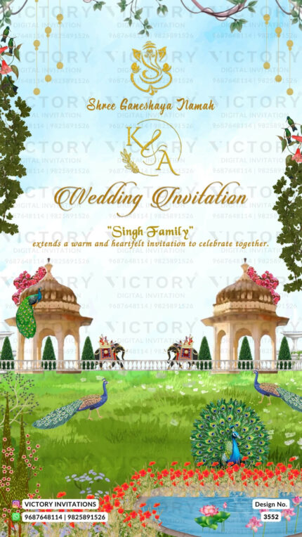 Wedding ceremony invitation card of hindu punjabi sikh family in English language with garden theme design 3552