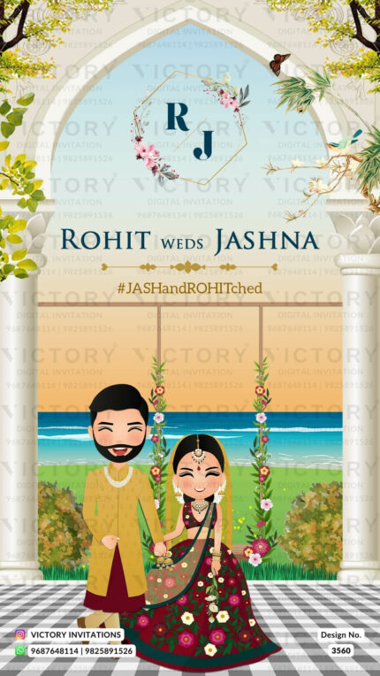 Wedding ceremony invitation card of hindu gujarati brahmin family in English language with Beach theme design 3560