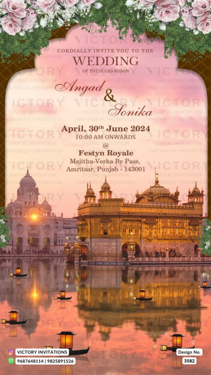 Wedding ceremony invitation card of hindu punjabi sikh family in english language with traditional theme design 3582