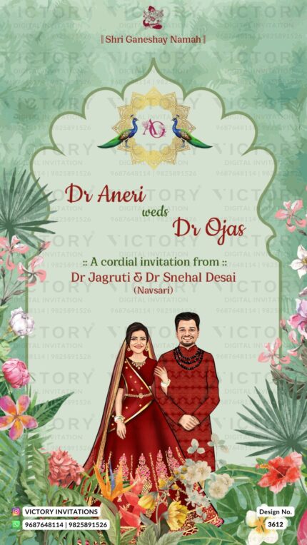traditional couple caricature invitation card for wedding ceremony of hindu gujarati patel family in english language with arch theme design 3612
