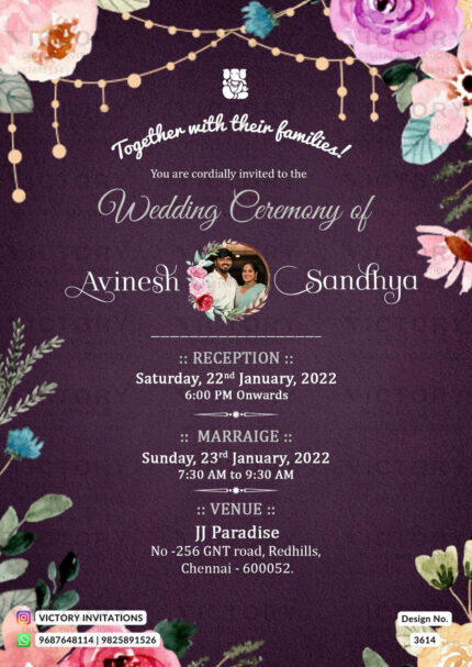 Wedding ceremony invitation card of hindu south indian tamil family in english language with floral theme design 3614